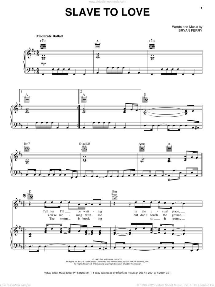 Slave To Love sheet music for voice, piano or guitar by Bryan Ferry, intermediate skill level