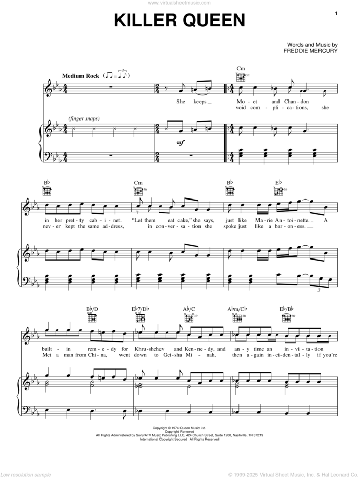 Killer Queen sheet music for voice, piano or guitar by Queen and Freddie Mercury, intermediate skill level