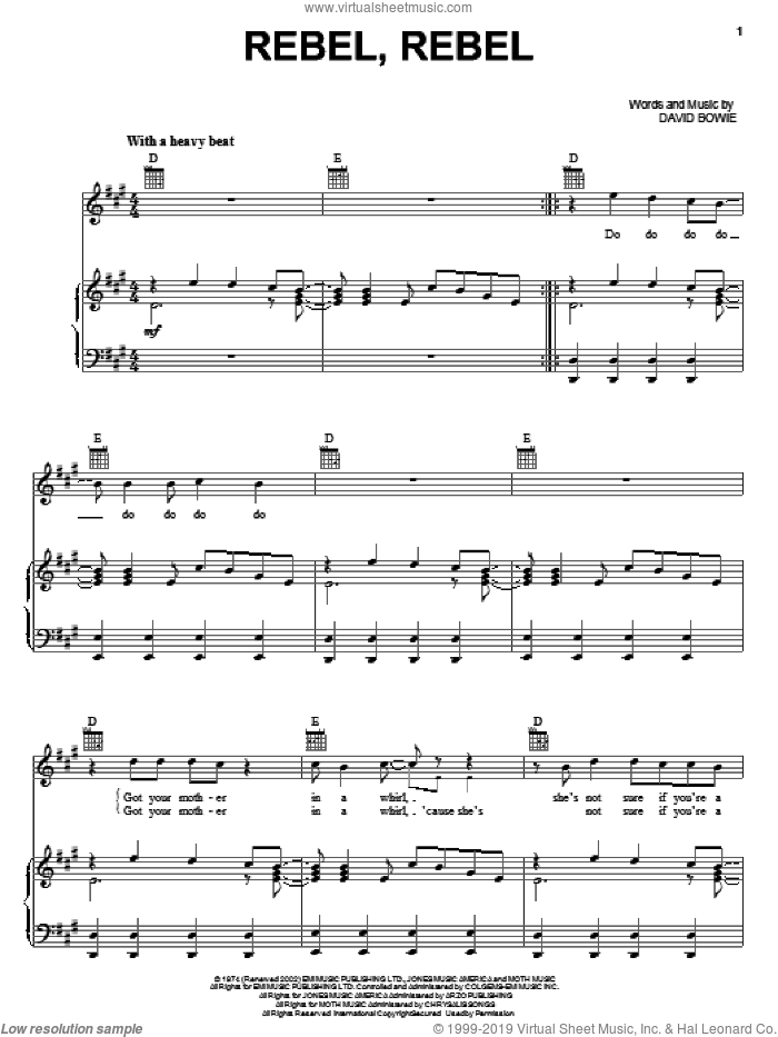Rebel, Rebel sheet music for voice, piano or guitar by David Bowie, intermediate skill level