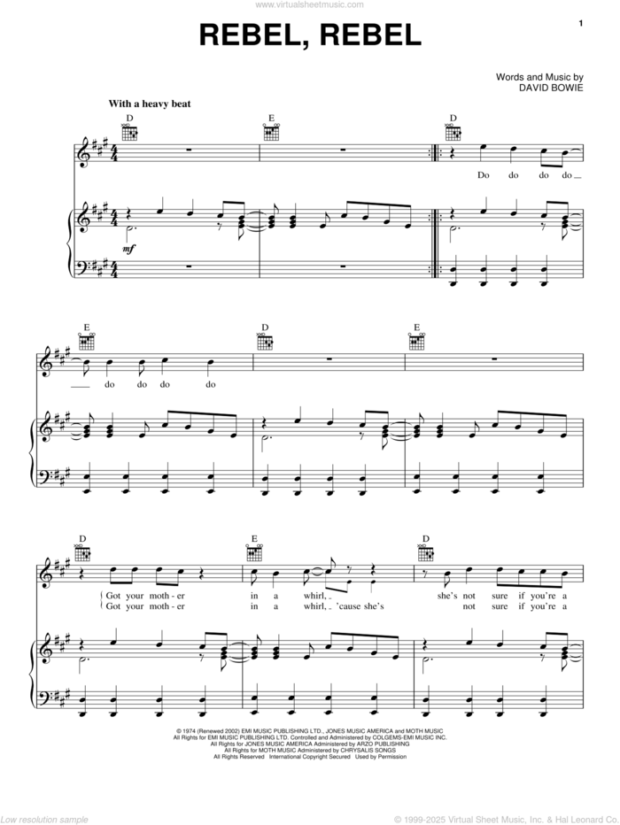 Rebel, Rebel sheet music for voice, piano or guitar by David Bowie, intermediate skill level