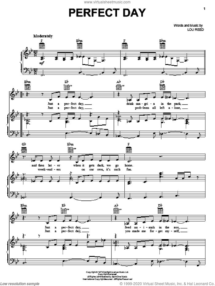 Perfect Day sheet music for voice, piano or guitar by Lou Reed, intermediate skill level
