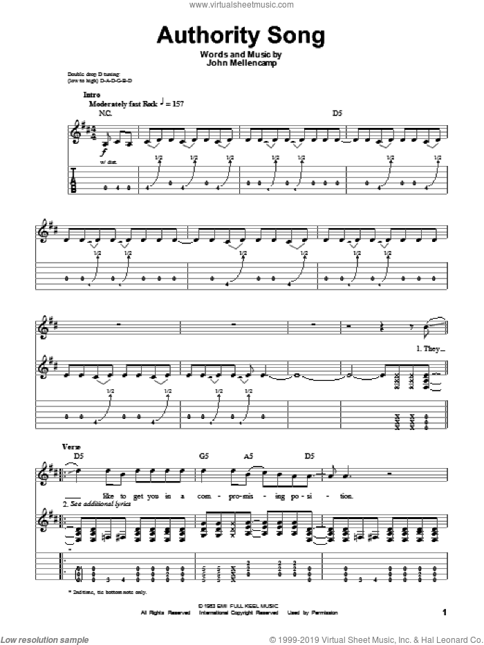 Authority Song sheet music for guitar (tablature, play-along) by John Mellencamp, intermediate skill level