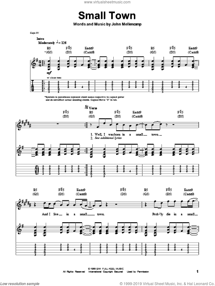 Small Town sheet music for guitar (tablature, play-along) by John Mellencamp, intermediate skill level