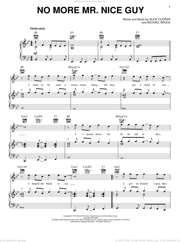 No More Mr. Nice Guy sheet music for voice, piano or guitar by Alice Cooper and Michael Bruce, intermediate skill level