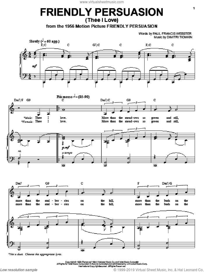 Friendly Persuasion sheet music for voice, piano or guitar by Pat Boone, Dimitri Tiomkin and Paul Francis Webster, intermediate skill level