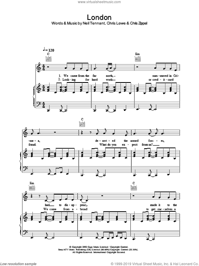London sheet music for voice, piano or guitar by The Pet Shop Boys, intermediate skill level