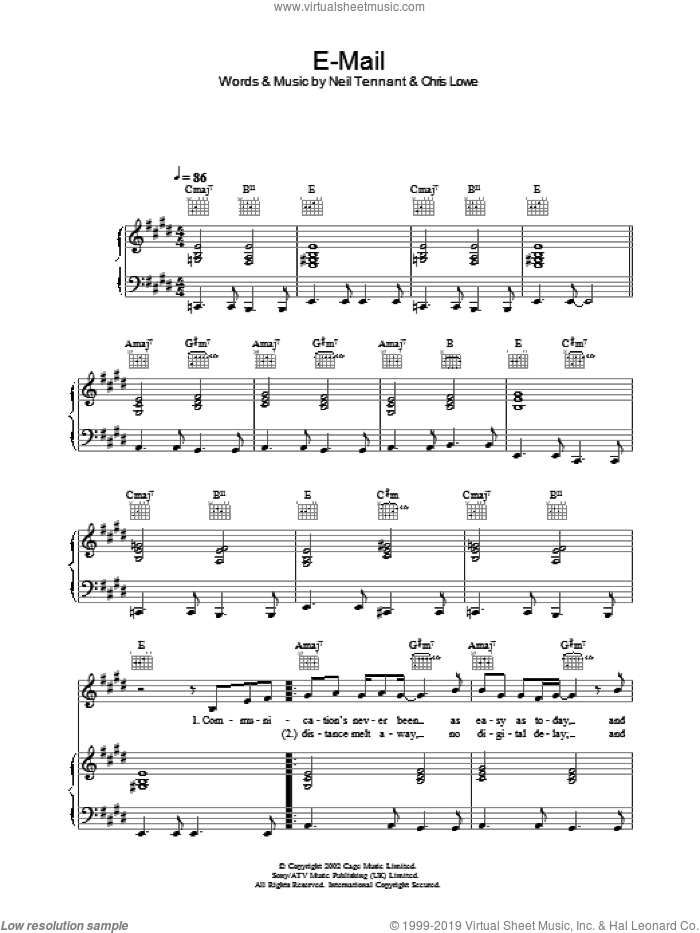 E-Mail sheet music for voice, piano or guitar by The Pet Shop Boys, intermediate skill level