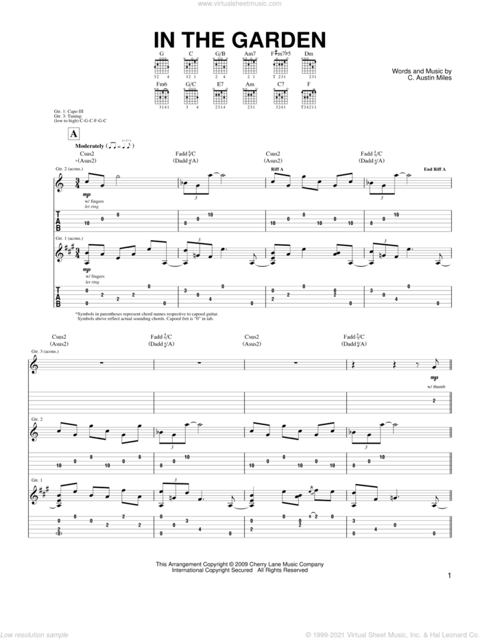 In The Garden sheet music for guitar (tablature) by Steve Hunter and C. Austin Miles, intermediate skill level