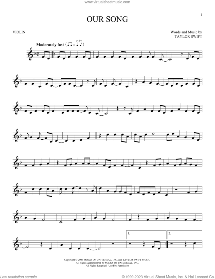 Our Song sheet music for violin solo by Taylor Swift, intermediate skill level