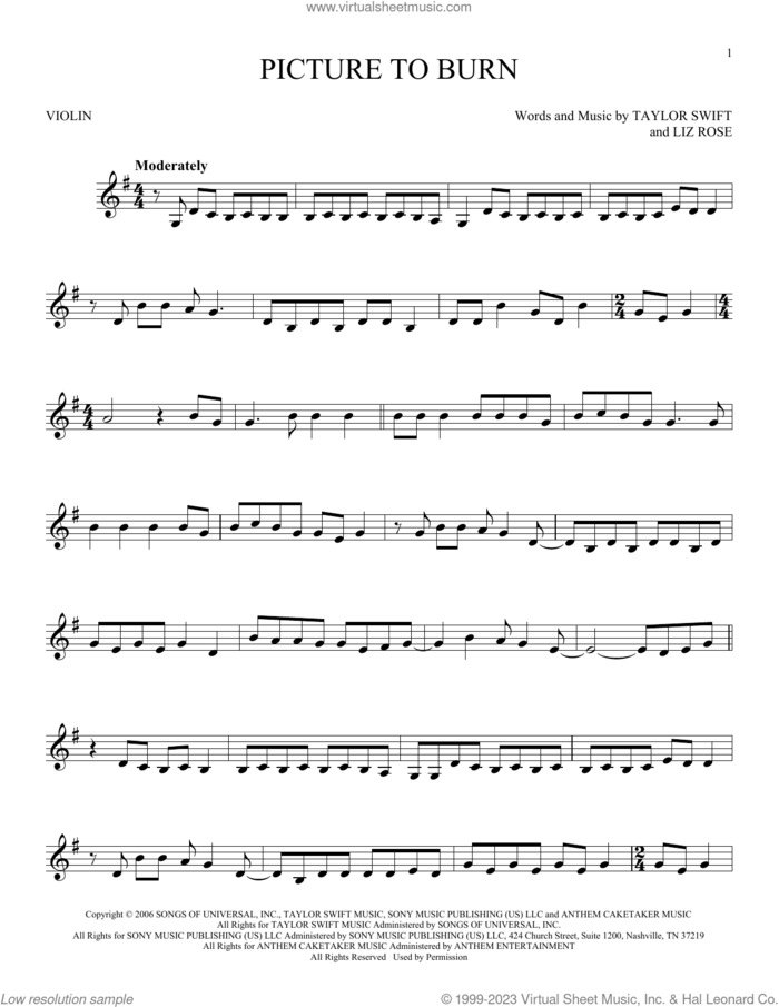 Picture To Burn sheet music for violin solo by Taylor Swift and Liz Rose, intermediate skill level