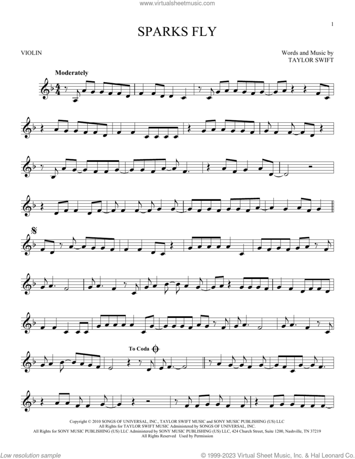 Sparks Fly sheet music for violin solo by Taylor Swift, intermediate skill level