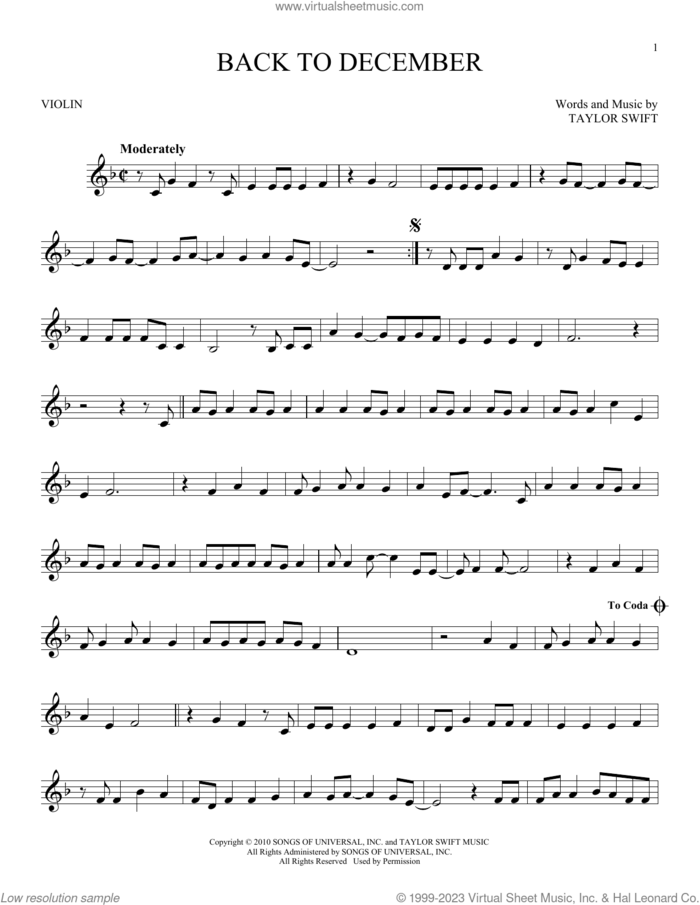 Back To December sheet music for violin solo by Taylor Swift, intermediate skill level