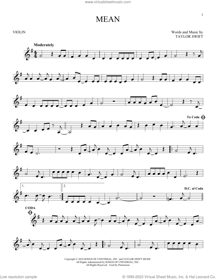 Mean sheet music for violin solo by Taylor Swift, intermediate skill level