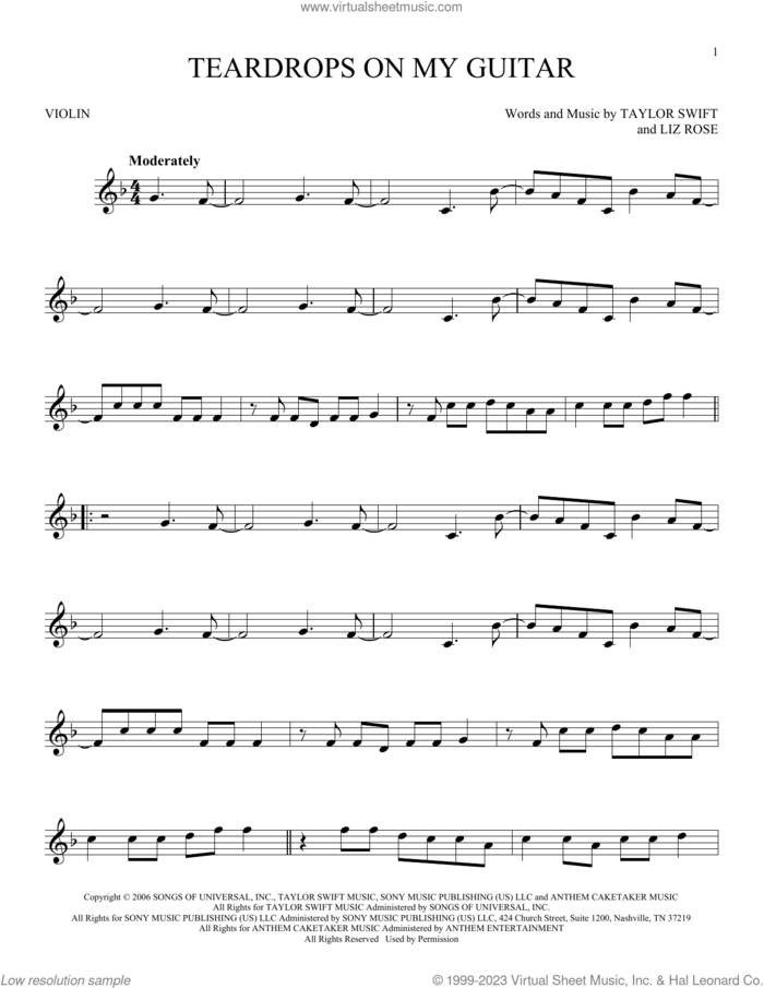 Teardrops On My Guitar sheet music for violin solo by Taylor Swift and Liz Rose, intermediate skill level