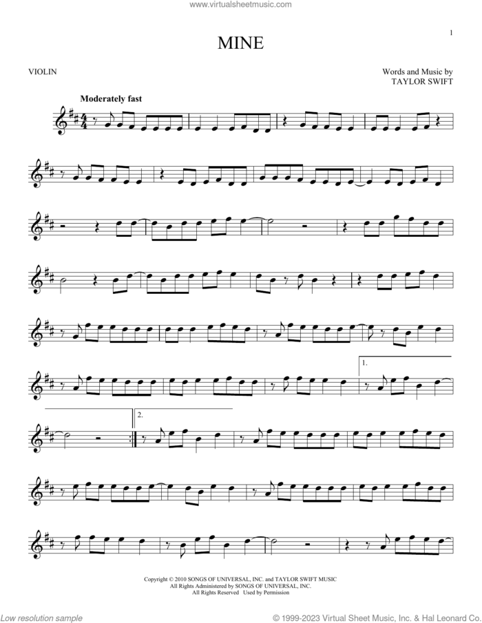 Mine sheet music for violin solo by Taylor Swift, intermediate skill level