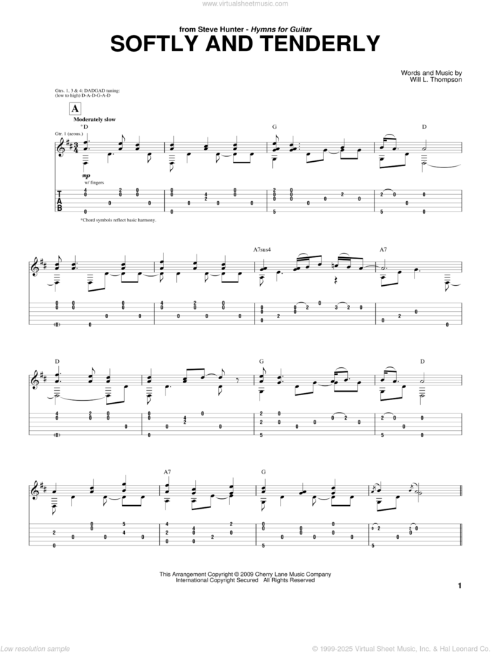 Softly And Tenderly sheet music for guitar (tablature) by Steve Hunter and Will L. Thompson, intermediate skill level