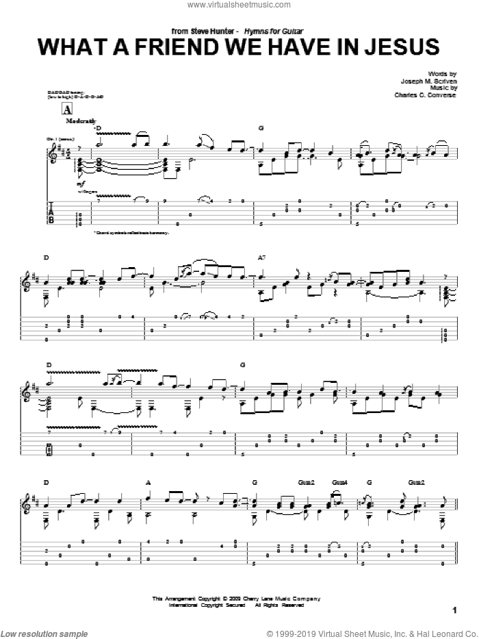 What A Friend We Have In Jesus sheet music for guitar (tablature) by Steve Hunter, Charles C. Converse and Joseph M. Scriven, intermediate skill level