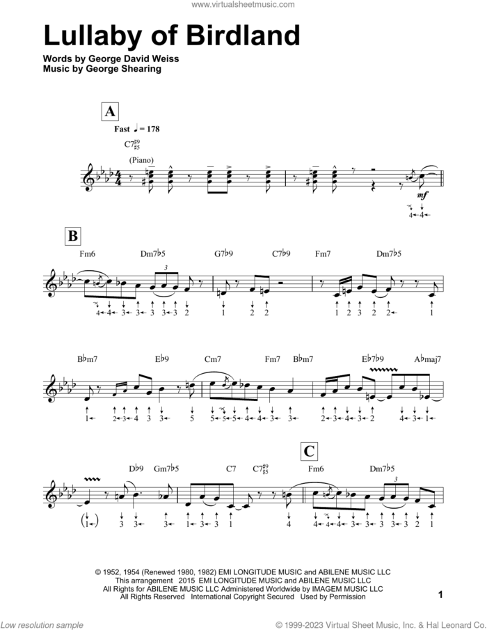 Lullaby Of Birdland (arr. Will Galison) sheet music for harmonica solo by George Shearing, Will Galison and George David Weiss, intermediate skill level