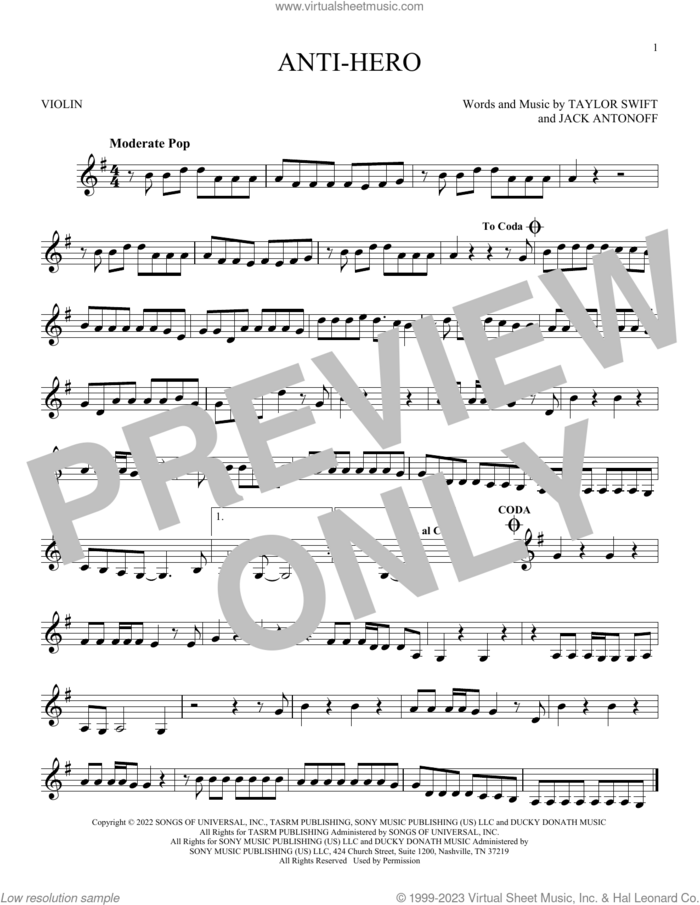 Anti-Hero sheet music for violin solo by Taylor Swift and Jack Antonoff, intermediate skill level