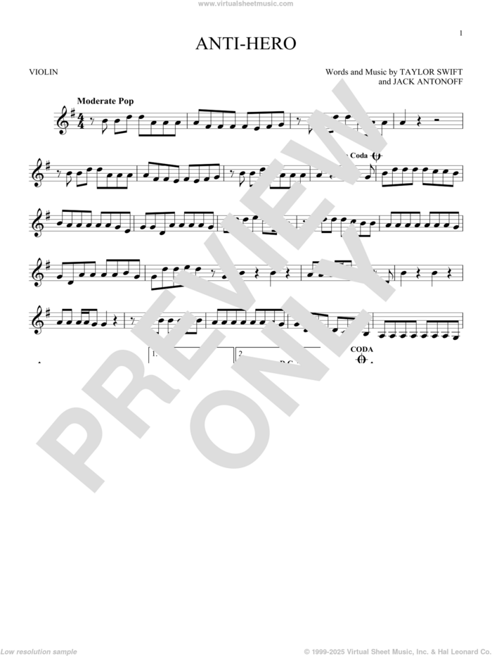 Anti-Hero sheet music for violin solo by Taylor Swift and Jack Antonoff, intermediate skill level