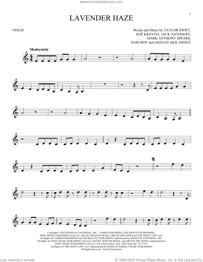 Lavender Haze sheet music for violin solo by Taylor Swift, Jack Antonoff, Jahaan Akil Sweet, Mark Anthony Spears, Sam Dew and Zoe Kravitz, intermediate skill level