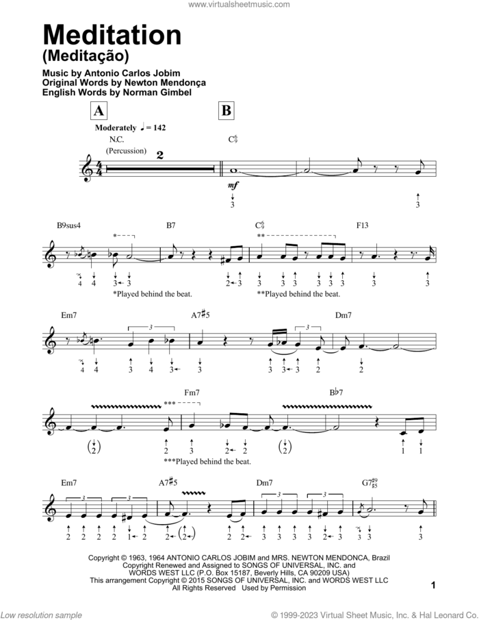 Meditation (Meditacao) (arr. Will Galison) sheet music for harmonica solo by Norman Gimbel, Will Galison, Antonio Carlos Jobim and Newton Mendonca, intermediate skill level