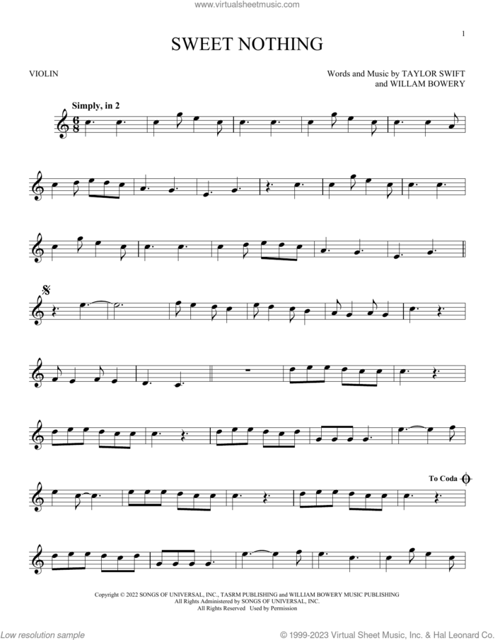 Sweet Nothing sheet music for violin solo by Taylor Swift and William Bowery, intermediate skill level