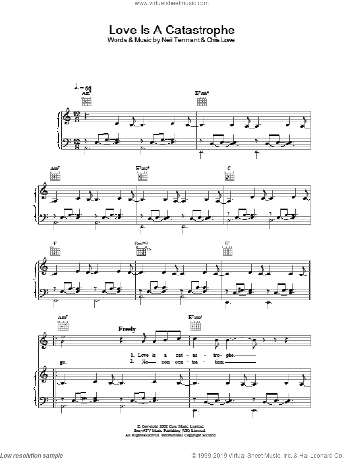 Love Is A Catastrophe sheet music for voice, piano or guitar by The Pet Shop Boys, intermediate skill level