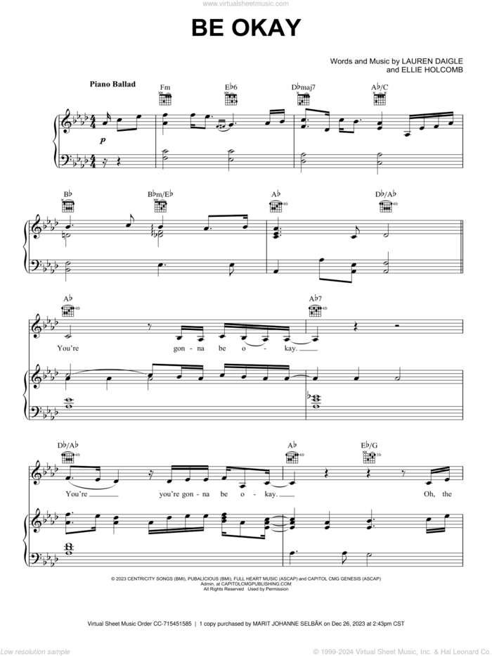 Be Okay sheet music for voice, piano or guitar by Lauren Daigle and Ellie Holcomb, intermediate skill level