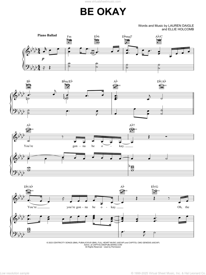 Be Okay sheet music for voice, piano or guitar by Lauren Daigle and Ellie Holcomb, intermediate skill level