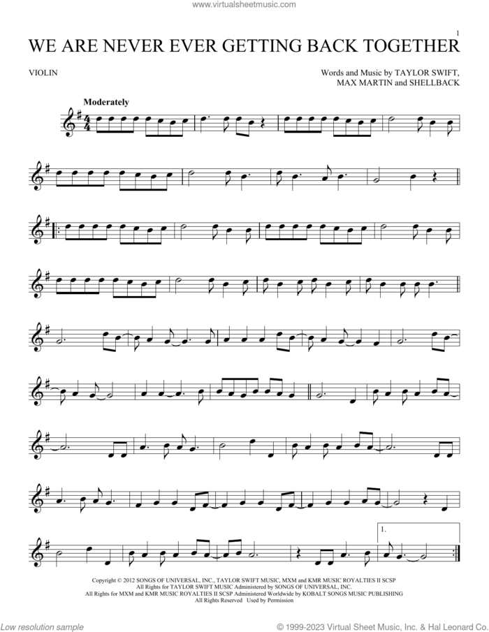 We Are Never Ever Getting Back Together sheet music for violin solo by Taylor Swift, Max Martin and Shellback, intermediate skill level