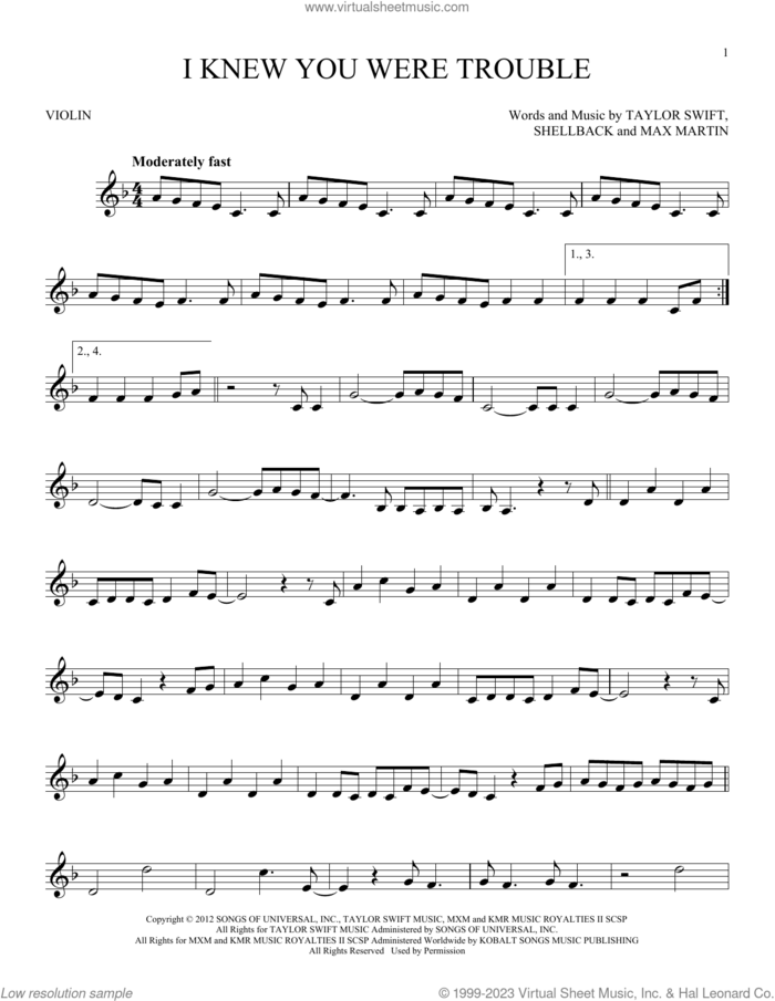 I Knew You Were Trouble sheet music for violin solo by Taylor Swift, Max Martin and Shellback, intermediate skill level