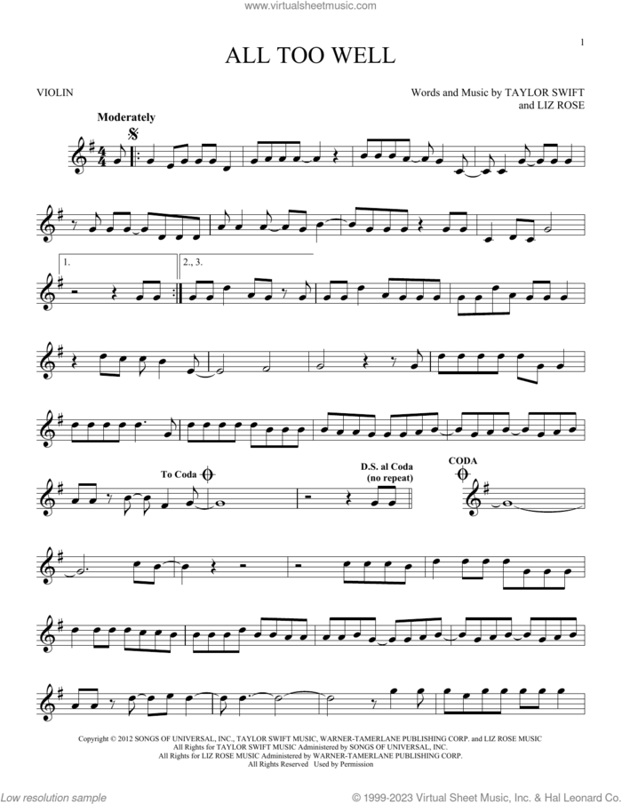 All Too Well sheet music for violin solo by Taylor Swift and Liz Rose, intermediate skill level