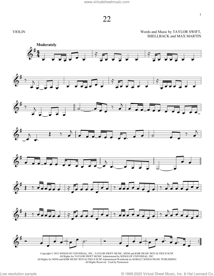22 sheet music for violin solo by Taylor Swift, Max Martin and Shellback, intermediate skill level