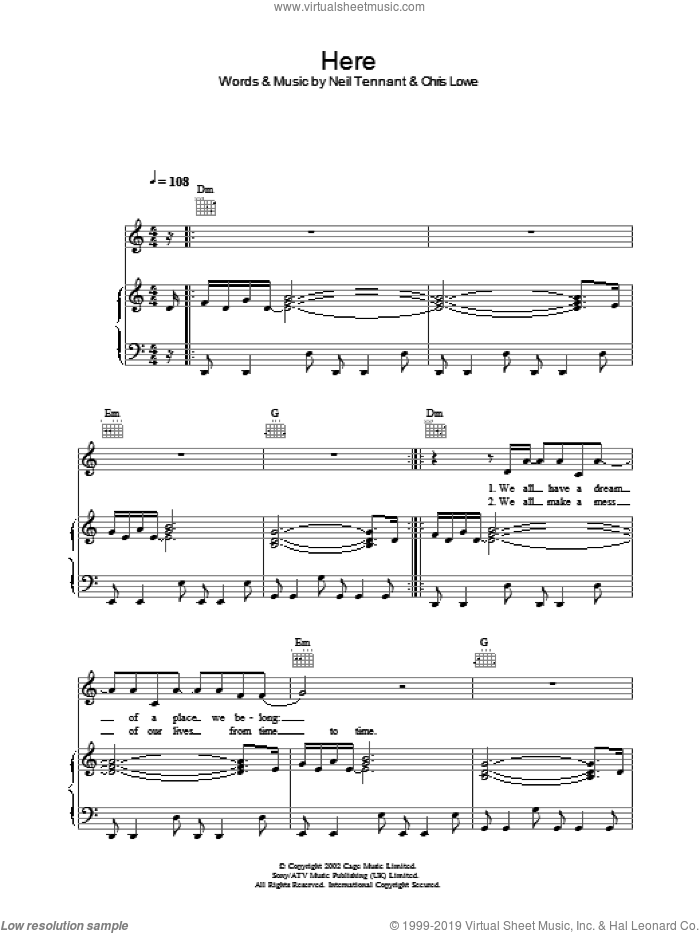 Here sheet music for voice, piano or guitar by The Pet Shop Boys, intermediate skill level