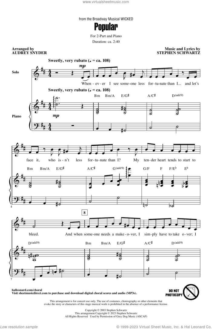 Popular (from Wicked) (arr. Audrey Snyder) sheet music for choir (2-Part) by Stephen Schwartz and Audrey Snyder, intermediate duet
