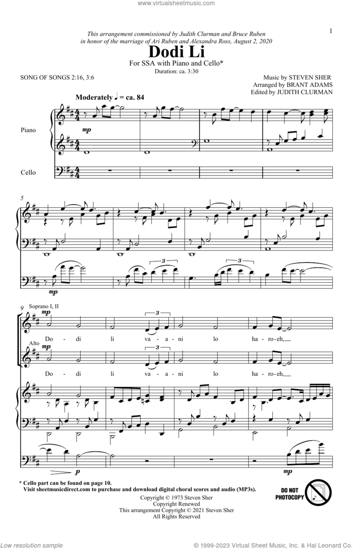 Dodi Li (arr. Brant Adams) sheet music for choir (SSA: soprano, alto) by Steven Sher and Brant Adams, intermediate skill level