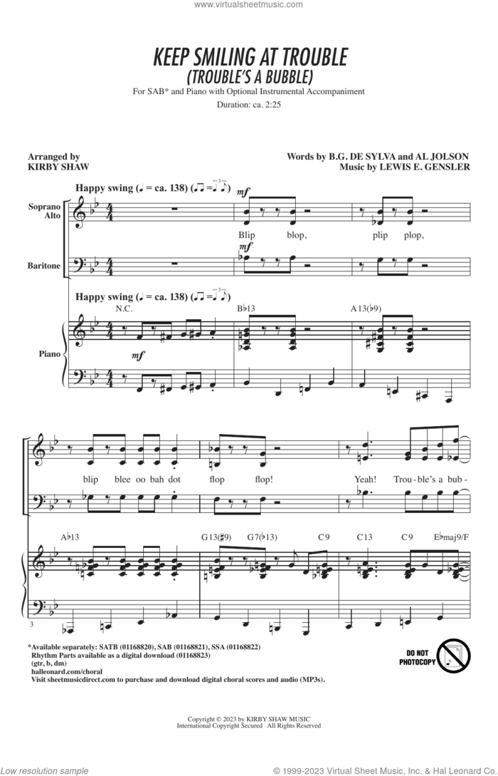 Keep Smiling At Trouble (Trouble's A Bubble) (arr. Kirby Shaw) sheet music for choir (SAB: soprano, alto, bass) by Lewis E. Gensler, Kirby Shaw, Al Jolson and B.G. De Sylva, intermediate skill level