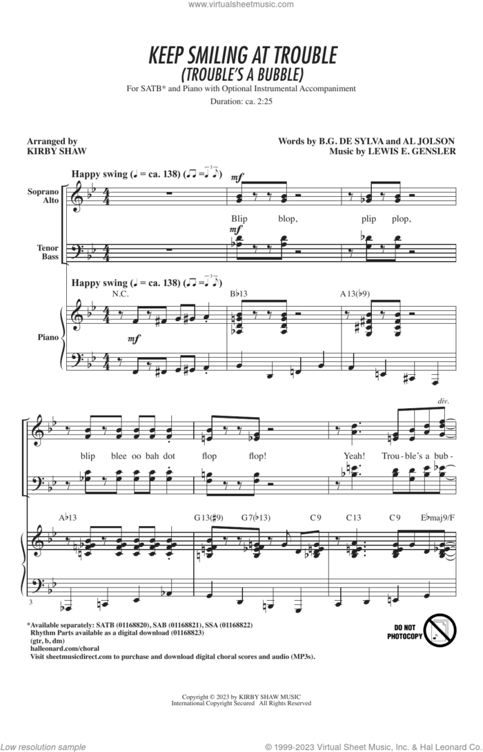 Keep Smiling At Trouble (Trouble's A Bubble) (arr. Kirby Shaw) sheet music for choir (SATB: soprano, alto, tenor, bass) by Lewis E. Gensler, Kirby Shaw, Al Jolson and B.G. De Sylva, intermediate skill level