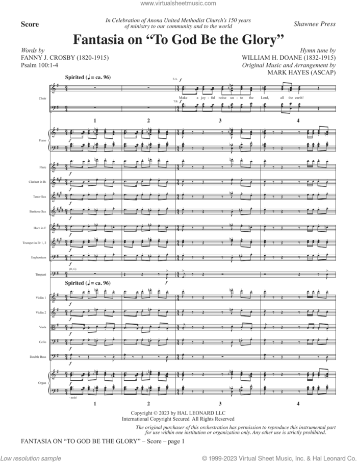 Fantasia On 'To God Be The Glory' (COMPLETE) sheet music for orchestra/band (Orchestra) by Mark Hayes, Fanny J. Crosby and William H. Doane, intermediate skill level