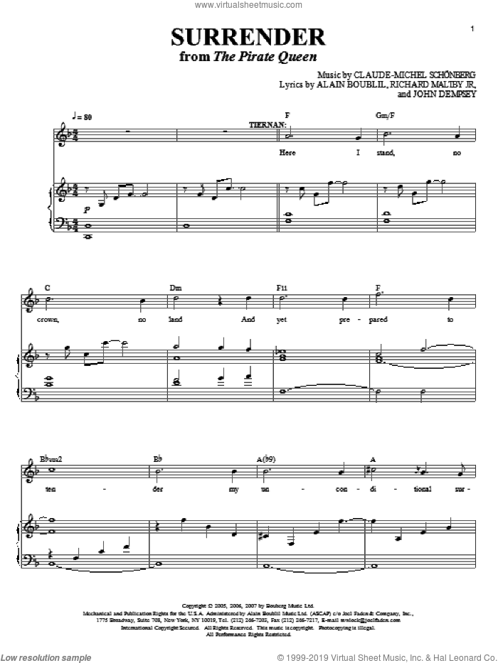 Surrender (from The Pirate Queen) sheet music for voice and piano by Claude-Michel Schonberg, The Pirate Queen (Musical), Alain Boublil, Boublil and Schonberg, John Dempsey, Michel LeGrand and Richard Maltby, Jr., intermediate skill level