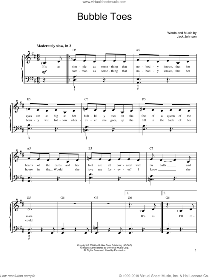 Bubble Toes sheet music for piano solo by Jack Johnson, easy skill level