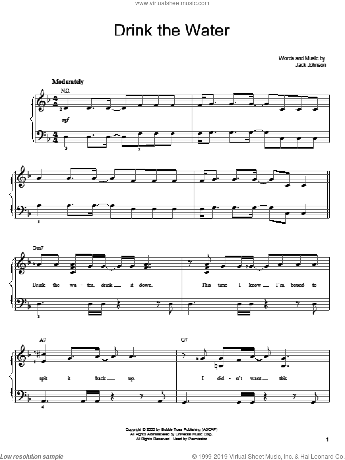 Drink The Water sheet music for piano solo by Jack Johnson, easy skill level