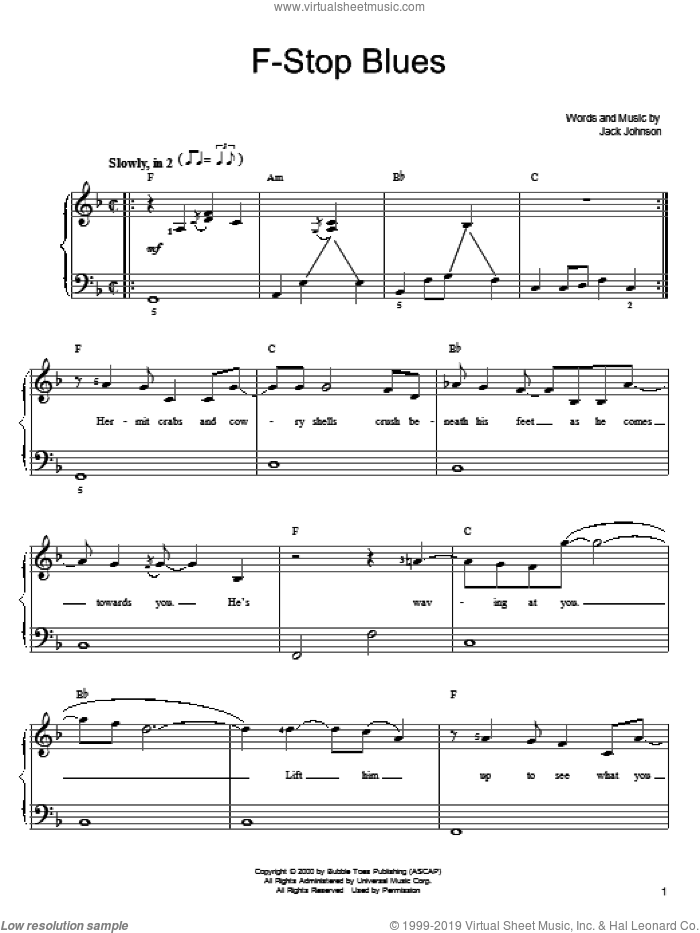 F-Stop Blues sheet music for piano solo by Jack Johnson, easy skill level