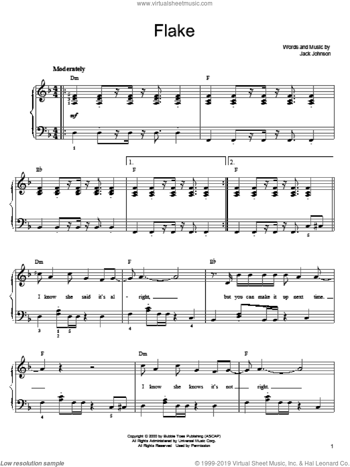 Flake sheet music for piano solo by Jack Johnson, easy skill level