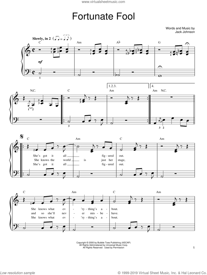 Fortunate Fool sheet music for piano solo by Jack Johnson, easy skill level