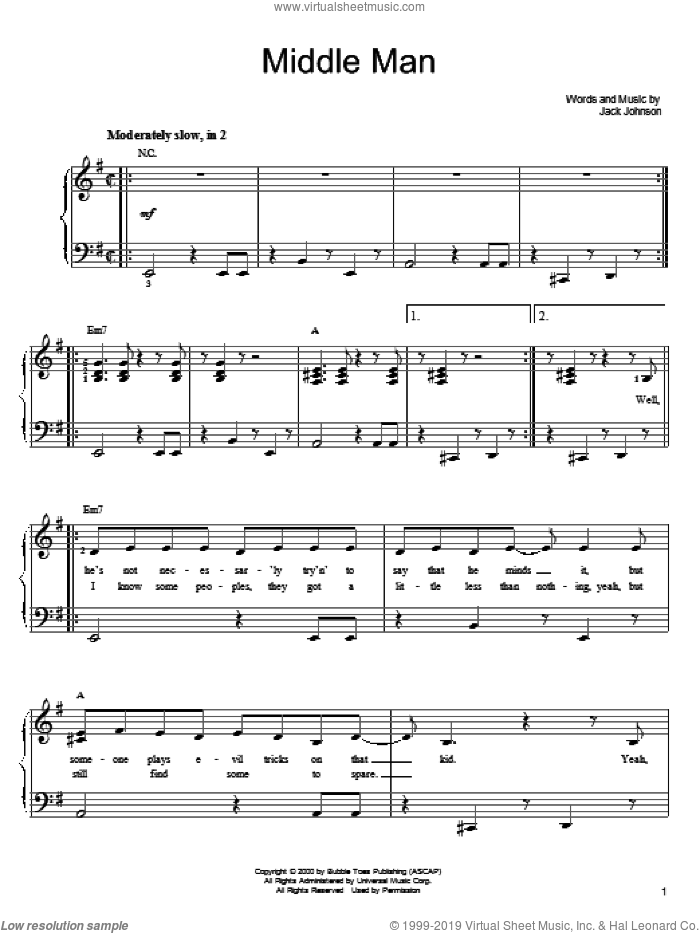 Middle Man sheet music for piano solo by Jack Johnson, easy skill level