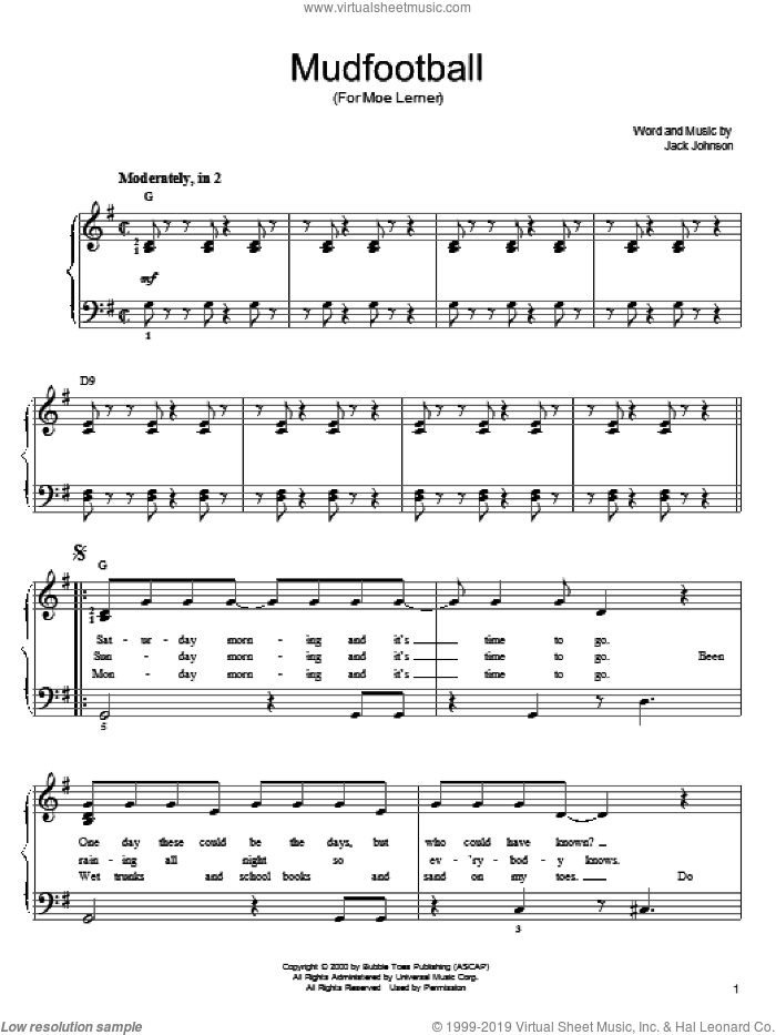 Mudfootball (For Moe Lerner) sheet music for piano solo by Jack Johnson, easy skill level