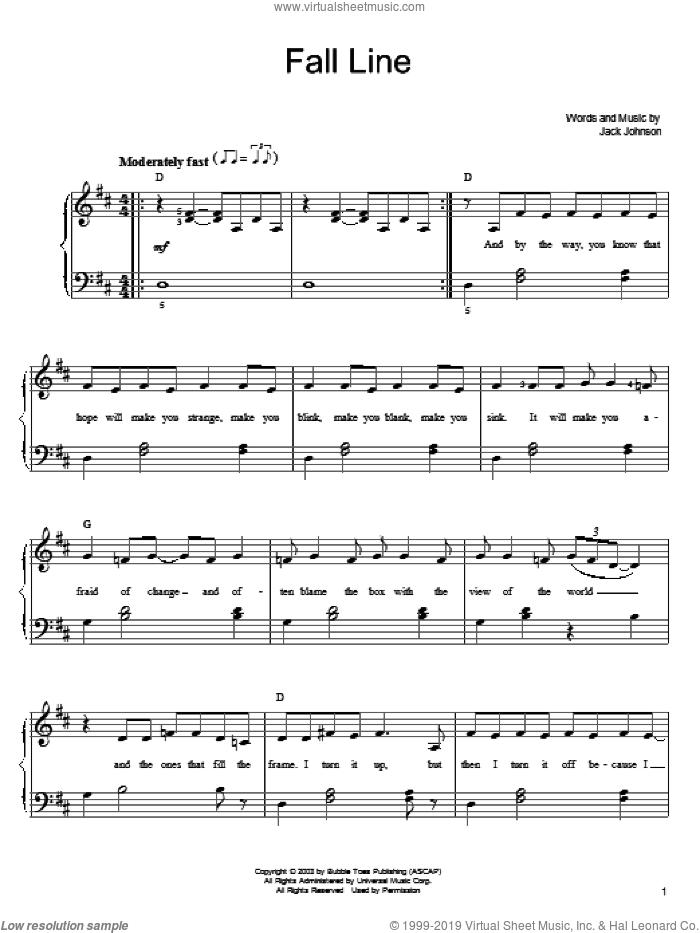 Fall Line sheet music for piano solo by Jack Johnson, easy skill level