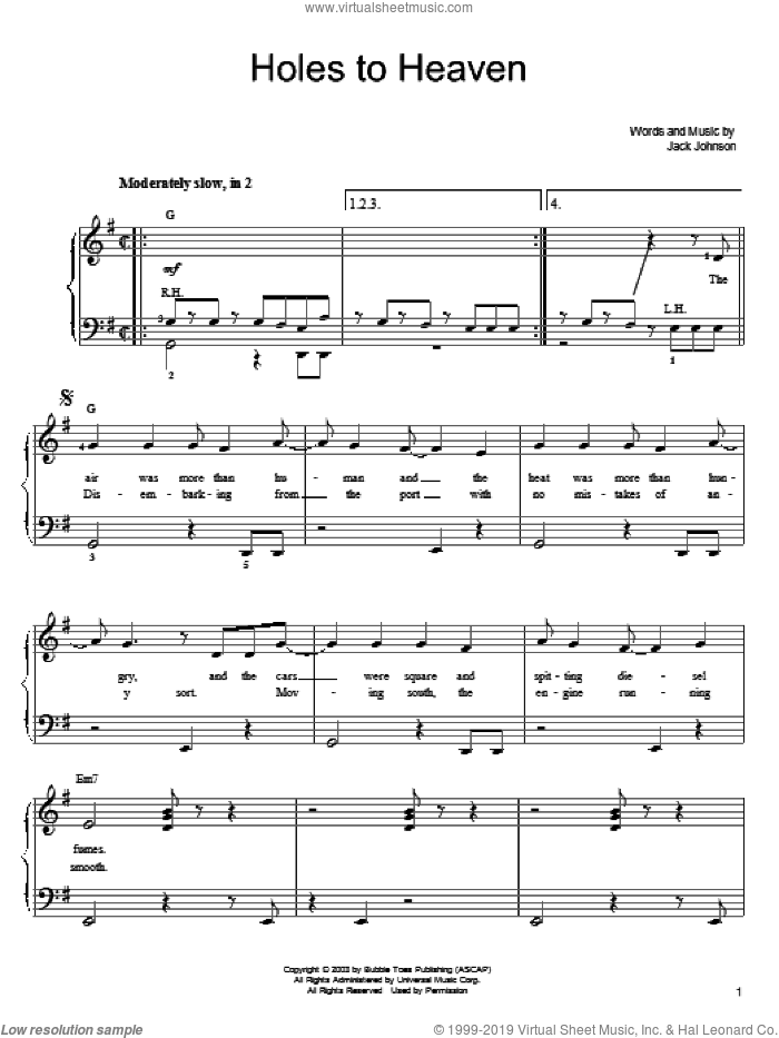 Holes To Heaven sheet music for piano solo by Jack Johnson, easy skill level